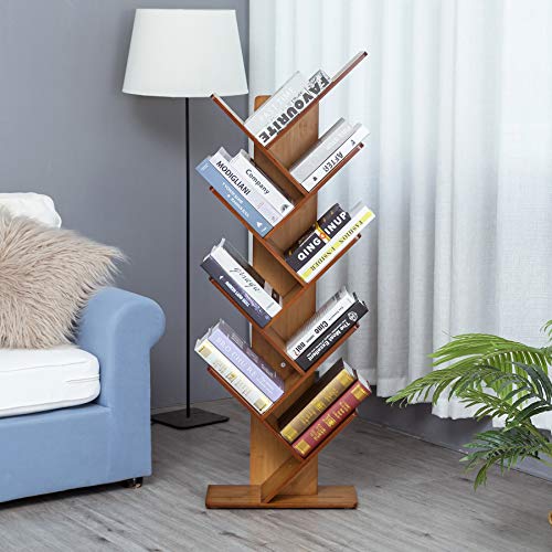 C&AHOME 9-Shelf Tree Bookshelf, Bamboo Bookcase, Book Rack, Storage Shelf Rack in Living Room, Free-Standing Books Holder Organizer, Space Saver for Home, Office Oak Red