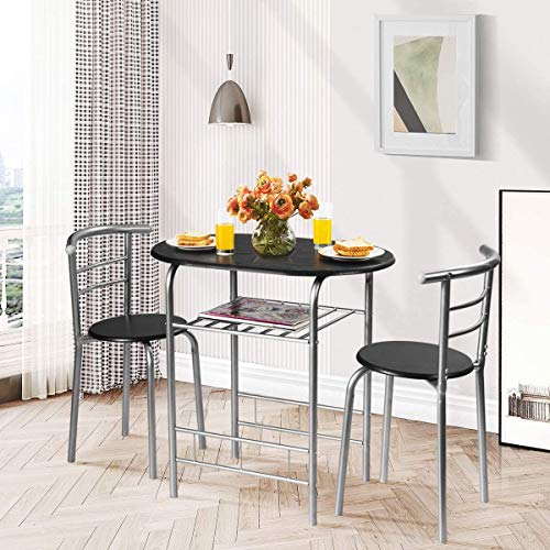 LUARANE 3 Piece Dining Set, Breakfast Table Set w/Metal Frame and Storage Shelf, Compact Table and 2 Chairs Set, for Home Bistro Pub Apartment Kitchen Dining Room Cafe (Black & Silver)