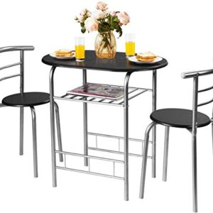 LUARANE 3 Piece Dining Set, Breakfast Table Set w/Metal Frame and Storage Shelf, Compact Table and 2 Chairs Set, for Home Bistro Pub Apartment Kitchen Dining Room Cafe (Black & Silver)