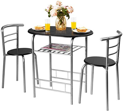 LUARANE 3 Piece Dining Set, Breakfast Table Set w/Metal Frame and Storage Shelf, Compact Table and 2 Chairs Set, for Home Bistro Pub Apartment Kitchen Dining Room Cafe (Black & Silver)