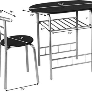 LUARANE 3 Piece Dining Set, Breakfast Table Set w/Metal Frame and Storage Shelf, Compact Table and 2 Chairs Set, for Home Bistro Pub Apartment Kitchen Dining Room Cafe (Black & Silver)