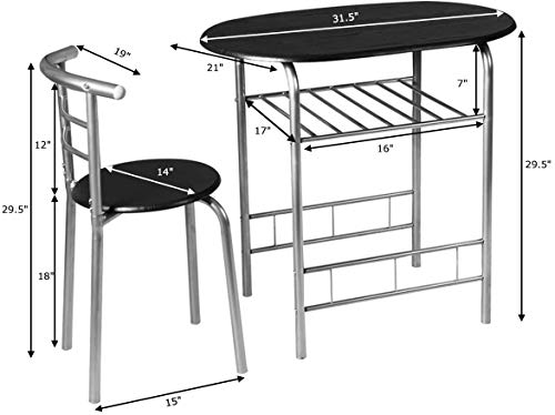 LUARANE 3 Piece Dining Set, Breakfast Table Set w/Metal Frame and Storage Shelf, Compact Table and 2 Chairs Set, for Home Bistro Pub Apartment Kitchen Dining Room Cafe (Black & Silver)