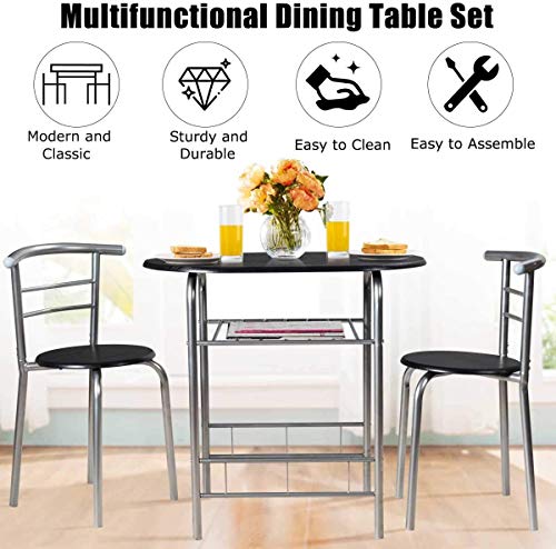 LUARANE 3 Piece Dining Set, Breakfast Table Set w/Metal Frame and Storage Shelf, Compact Table and 2 Chairs Set, for Home Bistro Pub Apartment Kitchen Dining Room Cafe (Black & Silver)