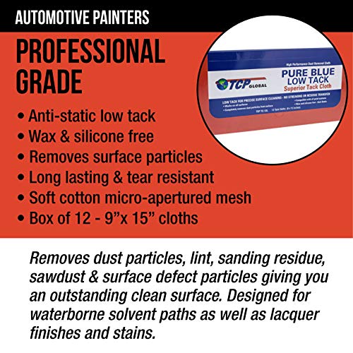 TCP Global - Pure Blue Low Tack Superior Tack Cloths - Tack Rags (Box of 12) - Automotive Car Painters Professional Grade - Removes Dust, Sanding Particles, Cleans Surfaces - Wax and Silicone Free