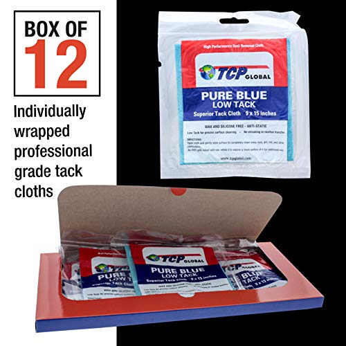 TCP Global - Pure Blue Low Tack Superior Tack Cloths - Tack Rags (Box of 12) - Automotive Car Painters Professional Grade - Removes Dust, Sanding Particles, Cleans Surfaces - Wax and Silicone Free