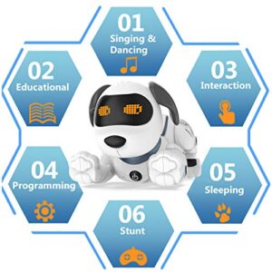 HBUDS Remote Control Robot Dog Toys for Kids, RC Stunt Programmable Robot Puppy Toy Dog Interactive with Commands Sing, Dance, Bark, Walk Electronic Pet Dog for All Ages Boys and Girls Gifts (White)