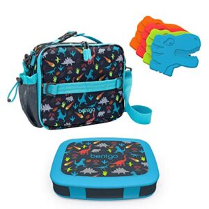 bentgo prints insulated lunch bag set with kids bento-style lunch box and 4 reusable ice packs (dinosaur)