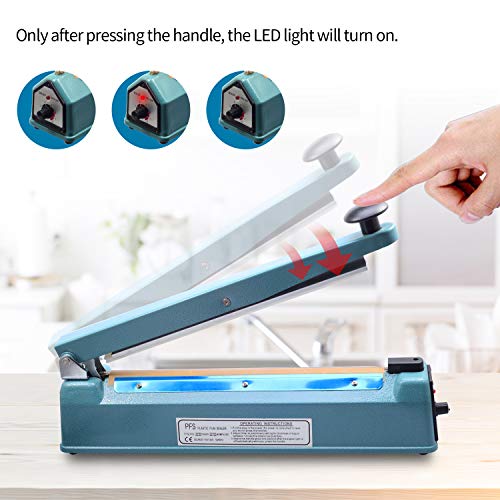 12 inch 300mm Impulse Bag Sealer, Manual Bag Sealer Heat Seal Closer, Adjustable Timer Electric Heat Seal Closer Manual Heat Sealer with 2 Free Replacement Kit, Blue