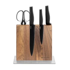 Navaris Wood Magnetic Knife Block - Double Sided Wooden Magnet Holder Board Stand for Kitchen Knives, Scissors, Metal Utensils - Walnut, 8.9 x 8.7 in