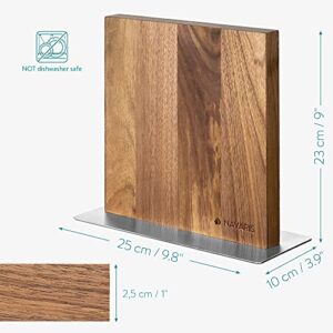 Navaris Wood Magnetic Knife Block - Double Sided Wooden Magnet Holder Board Stand for Kitchen Knives, Scissors, Metal Utensils - Walnut, 8.9 x 8.7 in