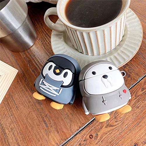 ICI-Rencontrer Compatible with Earbuds Case Airpods 1 & 2, Cute Kawaii Fleece Penguin Design Cartoon Soft Silicone Wireless Earphone Skin Shockproof Protective Case Hook