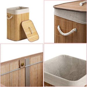 MHKanS Laundry Hamper with Lid Bamboo Dirty Clothes Storage Basket with Rope Handle and Removable Liner Rectangle Laundry Hamper Bin for Bathroom Bedroom Living Room Corner (Style 1)