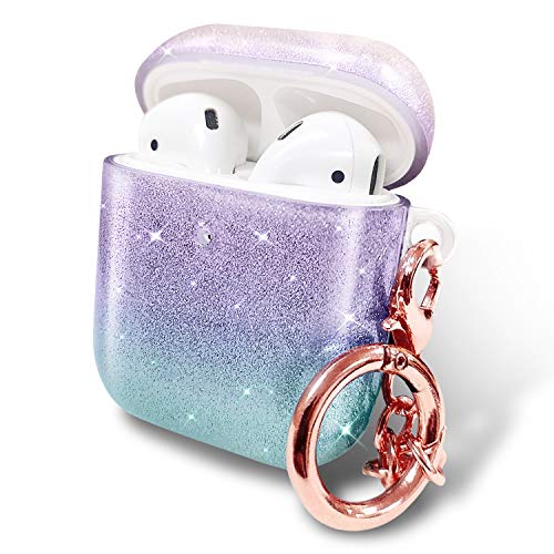 NZND Case Compatiable with Apple AirPods 1/2, Crystal Glitter Sparkle Bling, 360° Protective Cute Cover Carrying Case Girls Women with Rose Gold Keychain -Purple/Aqua