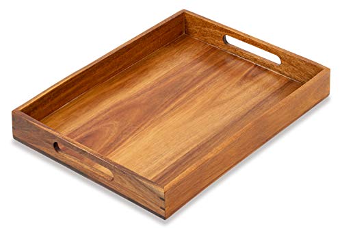 DecoVibe Acacia Wood Serving Tray with Handles - Rustic Wooden Tray for Living Room - Decorative Ottoman Wood Tray - 16" x 12" x 2" Large Food Trays for Ottomans, Coffee Table, Breakfast, Bed, Couch