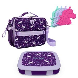 bentgo prints insulated lunch bag set with kids bento-style lunch box and 4 reusable ice packs (unicorn)