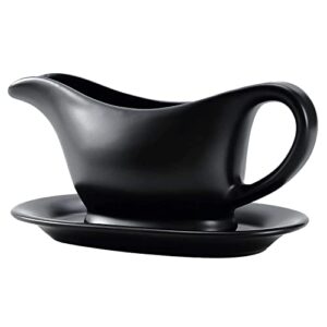 bruntmor 11 oz black ceramic gravy boat with tray, 11 ounce small ceramic serving dish, dispenser with tray for sauces, dressing and creamer, gravy boat with saucer for thanksgiving and christmas