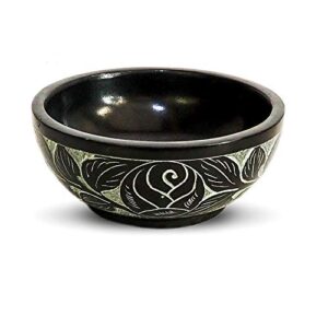 kaizen casa hand carved natural stone bowl, smudge bowl, stone bowl, smudge pot, white leaf carved design |size_5” x 2” – black | ritual bowl display bowl jewelry dish kitchen table decor gift.