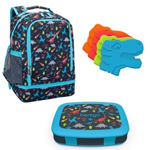 bentgo 2-in-1 backpack & insulated lunch bag set with kids prints lunch box and 4 reusable ice packs (dinosaur)