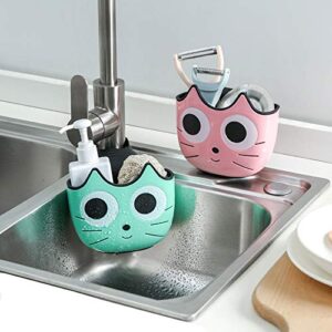 qtmy 2 pack sponge holder basket with buckle,sink faucet caddy hanging drain rack, gadget soap brush desk pen organizer for kitchen bathroom,pink green