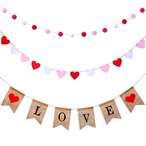 Valentines' Day Banner Set, Heart Shaped Holiday Felt Banner Valentine Burlap Banner Felt Ball Garland Colorful Pom Pom Garland for Party and Home Decoration (Love Theme)