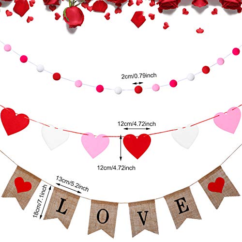 Valentines' Day Banner Set, Heart Shaped Holiday Felt Banner Valentine Burlap Banner Felt Ball Garland Colorful Pom Pom Garland for Party and Home Decoration (Love Theme)