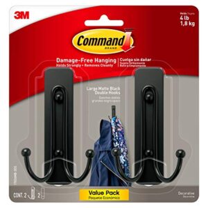 Command Large, Damage Free Hanging Wall Hooks with Adhesive Strips, No Tools Double Wall Hooks for Hanging Decorations in Living Spaces, 2 Black Plastic Hooks and 2 Command Strips