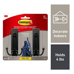 Command Large, Damage Free Hanging Wall Hooks with Adhesive Strips, No Tools Double Wall Hooks for Hanging Decorations in Living Spaces, 2 Black Plastic Hooks and 2 Command Strips