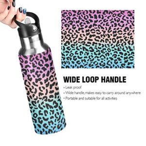 ALAZA Blue Pink Leopard Print Water Bottle Insulated Stainless Steel Travel Mug with Straw 20 Oz Christmas Birthday Gifts