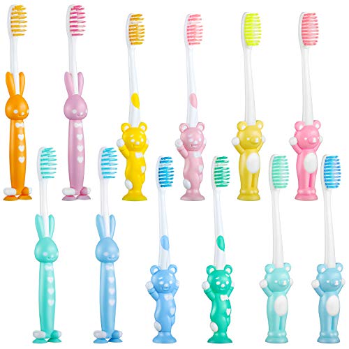 Patelai 12 Pcs Kids Toothbrush for Age 2 and Above Children Manual Toothbrush Set Soft Contoured Bristles Boys and Girls Cute Colorful Toothbrush with Suction Cup for Storage