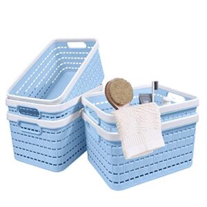 5pack plastic storage basket blue, desktop weave baskets with handle, portable bathroom open storage bin, small plastic containers shelf brackets for shelves countertop kitchen cabinet office