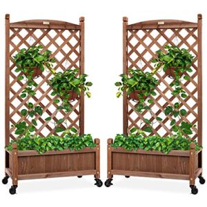 best choice products set of 2 48in wood planter box & diamond lattice trellis, mobile outdoor raised garden bed for climbing plants w/drainage holes, optional wheels - walnut