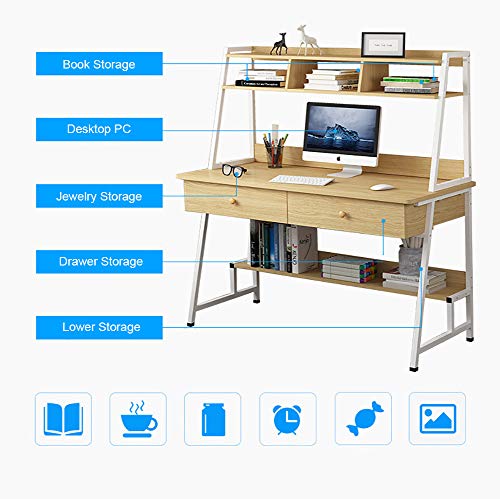 Modern Computer Desk with Bookshelf,Multi-Layer Storage Shelves 2 Drawers,Study Writing Table Gaming Table for Home Office