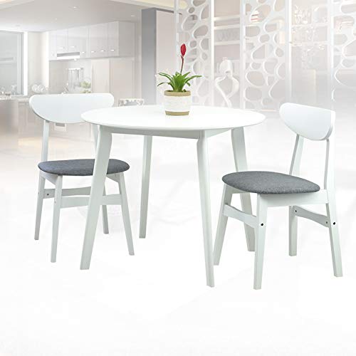 SK New Interiors Dining Room Set of 4 Yumiko Chairs and Round Dining Table Kitchen Modern Solid Wood w/Padded Seat, White Color with Light Gray Cushion