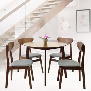 SK New Interiors Dining Room Set of 4 Yumiko Chairs and Round Dining Table Kitchen Modern Solid Wood w/Padded Seat, White Color with Light Gray Cushion