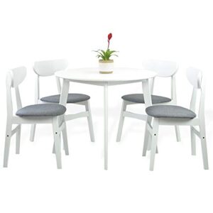 SK New Interiors Dining Room Set of 4 Yumiko Chairs and Round Dining Table Kitchen Modern Solid Wood w/Padded Seat, White Color with Light Gray Cushion