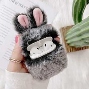 guppy compatible with airpods furry bunny case girls 3d cartoon cute rabbit ears plush fluffy warm carrying case soft protective case cover accessories for airpods 1 & 2 gray