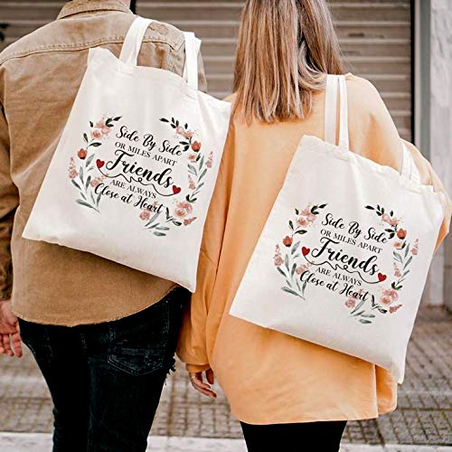 YouFangworkshop Funny Friendship Makeup Bag - Side By Side or Miles Apart Reusable Canvas Tote Bag Shopping Bag Long Distance Friendship Gifts for Best Friend Sister Bestie Girlfriends