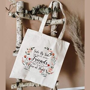 YouFangworkshop Funny Friendship Makeup Bag - Side By Side or Miles Apart Reusable Canvas Tote Bag Shopping Bag Long Distance Friendship Gifts for Best Friend Sister Bestie Girlfriends