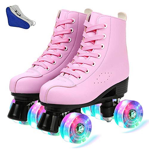 Comeon Women Roller Skates PU Leather High-top Roller Skates Four-Wheel Roller Skates Double Row Shiny Roller Skating for Indoor Outdoor (Pink Flash,8.5 M US)