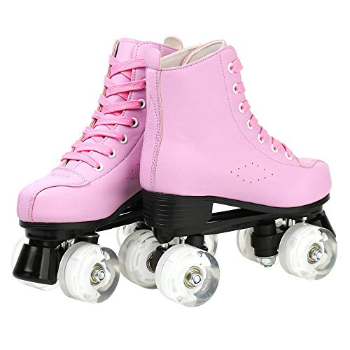 Comeon Women Roller Skates PU Leather High-top Roller Skates Four-Wheel Roller Skates Double Row Shiny Roller Skating for Indoor Outdoor (Pink Flash,8.5 M US)