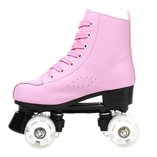 Comeon Women Roller Skates PU Leather High-top Roller Skates Four-Wheel Roller Skates Double Row Shiny Roller Skating for Indoor Outdoor (Pink Flash,8.5 M US)