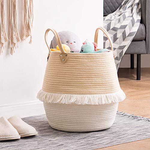 YOUDENOVA Small Laundry Hamper with Handles, Cotton Rope Woven Laundry Basket for Magazine, Clothes, Toys, Blankets, Decorative Cute Tassel Nursery Decor