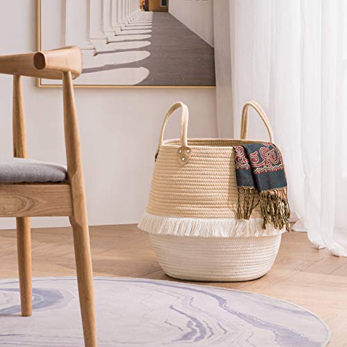 YOUDENOVA Small Laundry Hamper with Handles, Cotton Rope Woven Laundry Basket for Magazine, Clothes, Toys, Blankets, Decorative Cute Tassel Nursery Decor