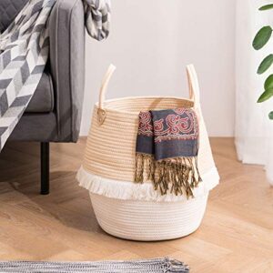 YOUDENOVA Small Laundry Hamper with Handles, Cotton Rope Woven Laundry Basket for Magazine, Clothes, Toys, Blankets, Decorative Cute Tassel Nursery Decor