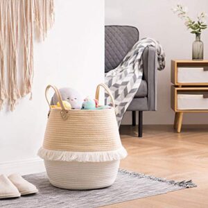 YOUDENOVA Small Laundry Hamper with Handles, Cotton Rope Woven Laundry Basket for Magazine, Clothes, Toys, Blankets, Decorative Cute Tassel Nursery Decor