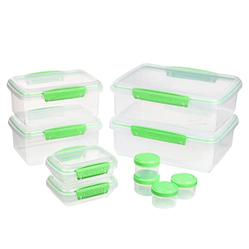 Sistema 10 Piece Food Storage Containers with Salad Dressing and Condiment Containers and Lids for Meal Prep, Dishwasher Safe, Clear/Green