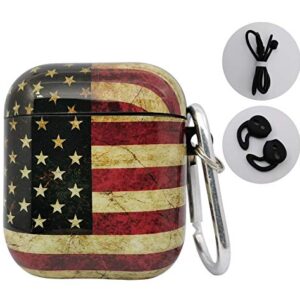 KUXEEN Case Cover Compatible with Airpods, 3 in 1 Cute Hard Airpods Accessories Protective Case Portable & Shockproof Cover Case Portable for Airpods 2 & 1 Women Girls Men (American Flag)