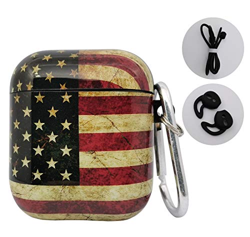 KUXEEN Case Cover Compatible with Airpods, 3 in 1 Cute Hard Airpods Accessories Protective Case Portable & Shockproof Cover Case Portable for Airpods 2 & 1 Women Girls Men (American Flag)