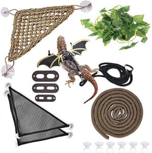 hamiledyi bearded dragon tank accessories lizard hammock climbing jungle vines adjustable leash bat wings flexible reptile leaves with suction cups reptile habitat decor for gecko,snakes,chameleon