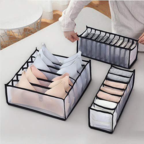 Underwear Organizer - Drawer Dividers, Set of 3 Includes 6+7+11 Cell Collapsible Closet Cabinet Storage Boxes for Organizing Lingerie, Underwear, Bras, Socks, Ties (6+7+11 Cell, Black)